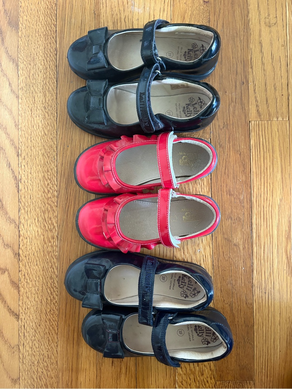 Girls Leather Mary Janes EU 30, 31, US youth 13C, red and navy (lot of 3)